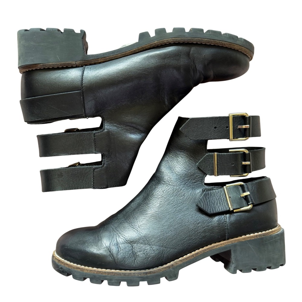 Miista Women's Cecilia Black Leather Buckle Boots Dark Academia Moto Style 10